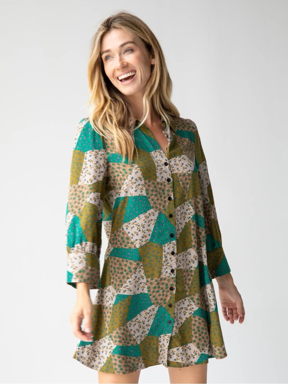 Natural Life Twiggy Mini Shirt Dress Green Floral Patchwork NWOT